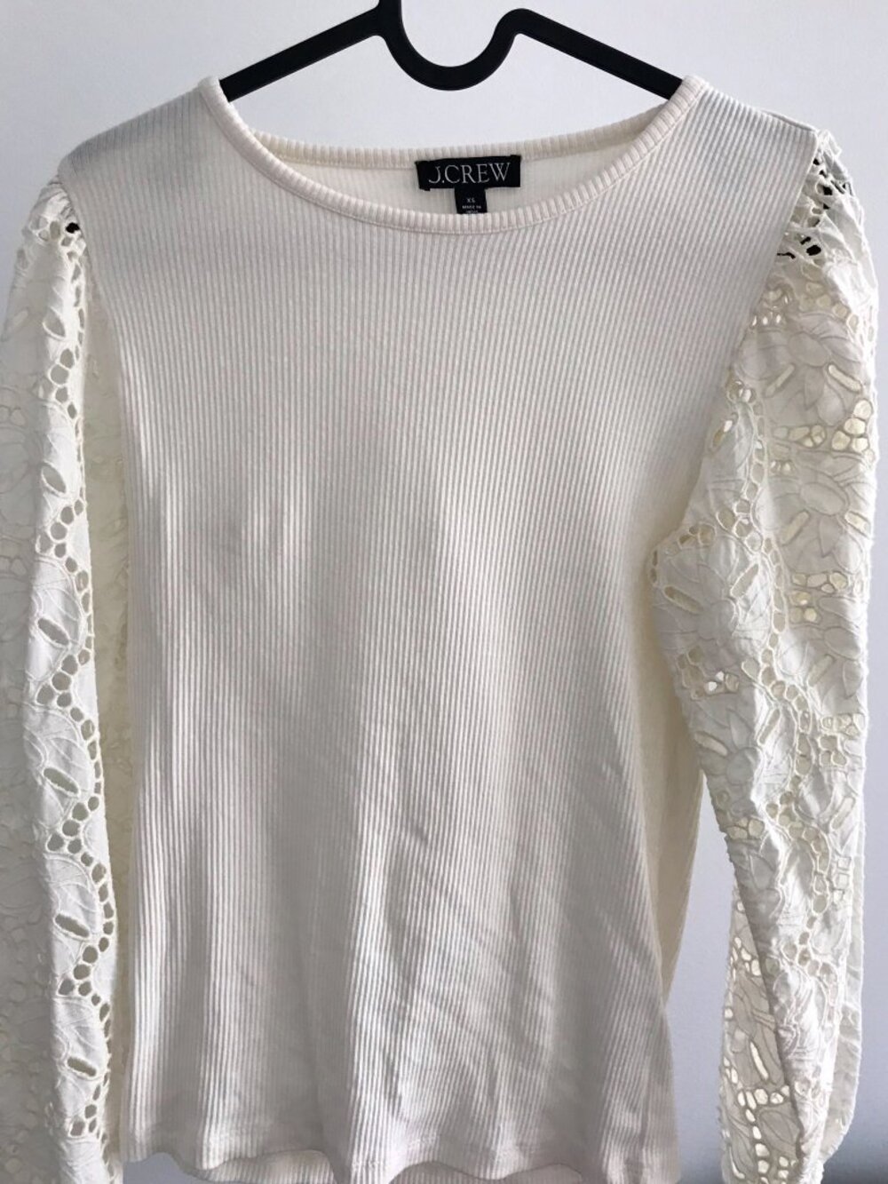 J. Crew White Rib Top with Eyelet Sleeves